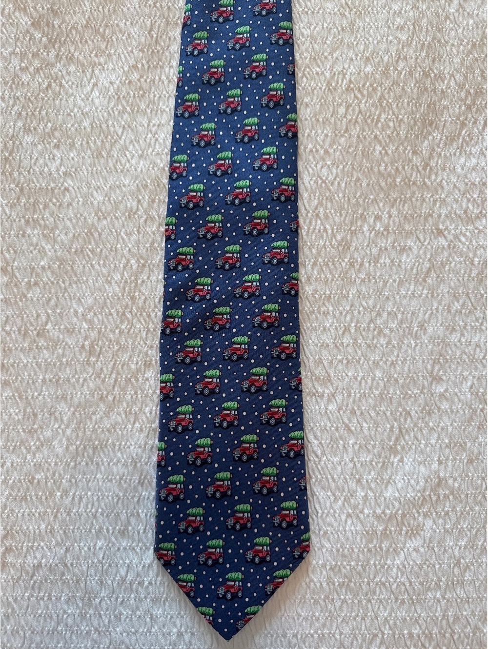 Vineyard Vines Navy Blue Silk Tie with Red Truck and Tree Pattern